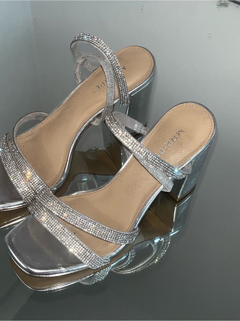 Silver Rhinestone Block Heel Sandals - Picture 3 of 5